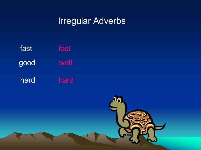 Irregular Adverbs fast good hard fast well hard